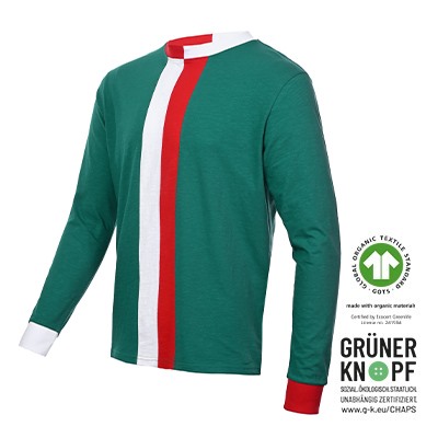 FCA Retroshirt langarm in dunkelgrün mit rot-weißwm Kragen, weiß-rotem Streifen in der Mitte, sowie weißem Bund auf der linken Ärmelseite und rotem auf der rechten 