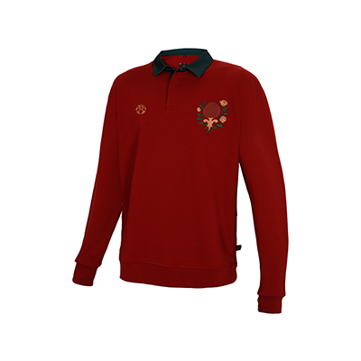 Rotes Langarm-Poloshirt mit Wappen.