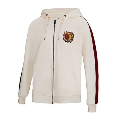 Vorderansicht einer creme Hoodie mit Reißverschluss und Kontraststreifen.