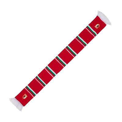 FCA Schal in rot mit mehreren Traditionsstreifen und kleinen, farbigen FCA Wappen darauf