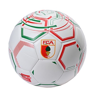 Frontalansicht des weißen FCA-Fußballs mit roten und grünen sechseckigen Umrandungen
