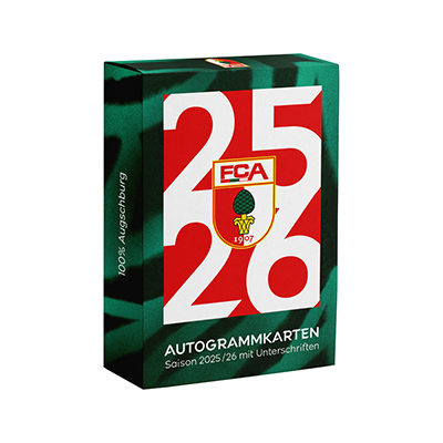 Vorderseite der Verpackung des FCA Autogrammkartensets, Saison 25/26. Die Schachtel ist grün-rot gestaltet und zeigt das FCA-Wappen.