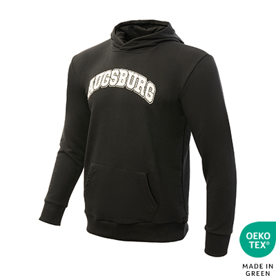 FCA Hoodie in schwarz mit weiß-beigem Augsburg Schriftzug in Teddy Stick auf der Brust für Kinder 
