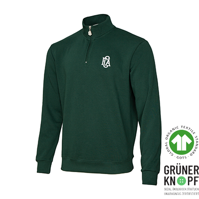 Dunkelgrüner Halfzip Sweater mit Stehkragen, Reißverschluss und gesticktem, weißem FCA-Wappen (Vorderansicht).