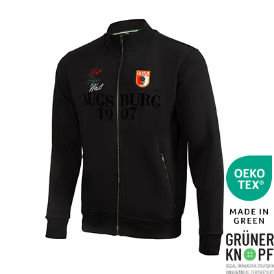 FCA-Sweatjacke mit Brustdetail in tonalem Augsburger 1907-Schriftzug in Schwarz.