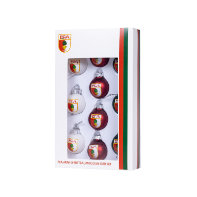 FCA Mini Christbaumkugeln in rot, grün und weiß mit farbigem FCA Wappen in der Mitte in der Verpackung