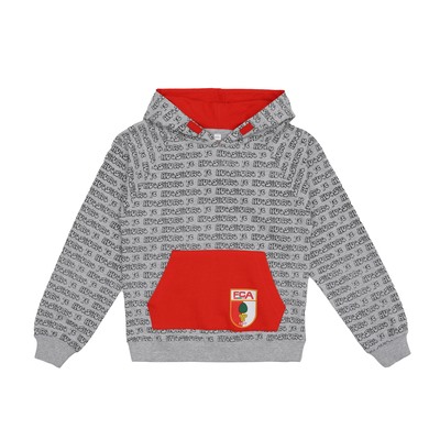 FCA Hoodie in grau mit schwarzem Augsburg Schriftzug im Comicstil, roter Bauchtasche mit farbigem FCA Wappen, rotem Kapuzeninnenleben und rote Kordeln für Kinder 