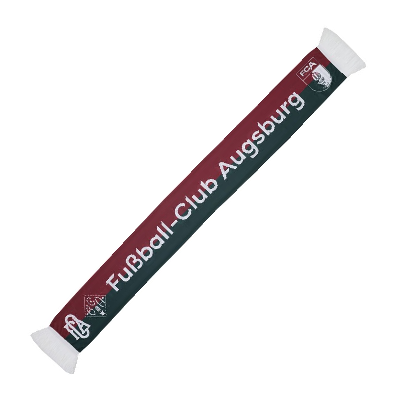 FCA Schal in dunkelrot und dunkelgrün mit weißem Fußball-Club Augsburg Schriftzug und weißem FCA Wappen an einem Ende und weißem FCA Retro Logo am anderen Ende 