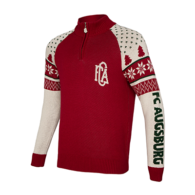 Roter Weihnachtsstrickpullover mit FCA-Retro Wappen und Reißverschluss.