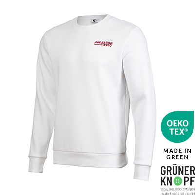 Vorderansicht eines weißen Sweatshirts mit Rundhalsausschnitt und weinrotem „Augsburg Fussball-Club 1907“-Brustprint.