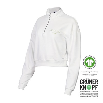 FCA Half Zip Sweatshirt in weiß mit hellgrünem Fußball-Club Augsburg Stick auf der linken Brust 