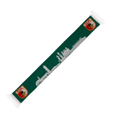 FCA Schal in grün mit weißer Augsburg Skyline und farbigen FCA Wappen an beiden Enden 