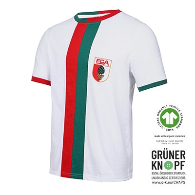 FCA Retroshirt kurzarm in weiß mit grün-rotem Kragen und rot-grünem Streifen in der Mitte, farbigem FCA Wappen auf der linken Brust und roten Ärmelbund auf der linken und grünem auf der rechten Seite