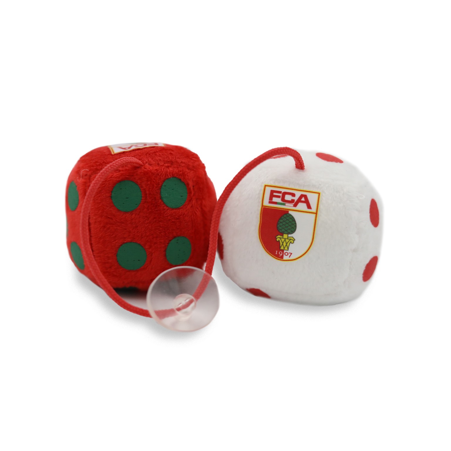 Zwei FCA Plüschbälle in rot und weiß mit FCA Wappen, verbunden durch eine rote Schnur und Saugknopf