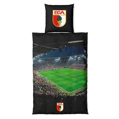 FCA Bettwäsche mit Bild vom Arenainneren bei Flutlichtspiel und FCA Wappen unten in der Mitte 