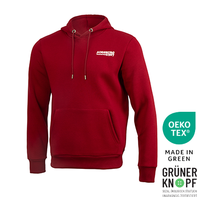 Vorderansicht eines weinroten Kapuzenpullovers mit Kängurutasche und kleinem weißem „Augsburg Fussball-Club 1907“-Brustprint.